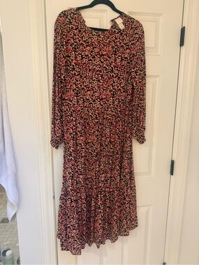 H&M Black Long-Sleeve Floral Midi Dress with Pink Print